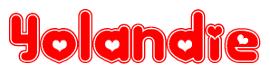 The image is a clipart featuring the word Yolandie written in a stylized font with a heart shape replacing inserted into the center of each letter. The color scheme of the text and hearts is red with a light outline.