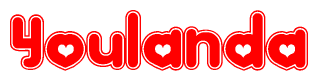 The image is a clipart featuring the word Youlanda written in a stylized font with a heart shape replacing inserted into the center of each letter. The color scheme of the text and hearts is red with a light outline.