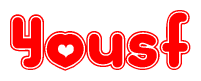 The image displays the word Yousf written in a stylized red font with hearts inside the letters.