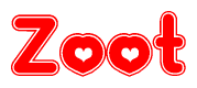 The image is a clipart featuring the word Zoot written in a stylized font with a heart shape replacing inserted into the center of each letter. The color scheme of the text and hearts is red with a light outline.