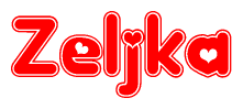 The image is a clipart featuring the word Zeljka written in a stylized font with a heart shape replacing inserted into the center of each letter. The color scheme of the text and hearts is red with a light outline.