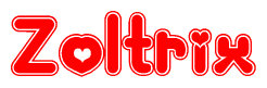 The image is a red and white graphic with the word Zoltrix written in a decorative script. Each letter in  is contained within its own outlined bubble-like shape. Inside each letter, there is a white heart symbol.