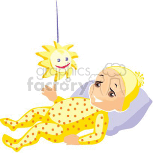 A baby in yellow pajamas with polka dots, wearing a matching cap, lying on a pillow and reaching towards a toy sun.