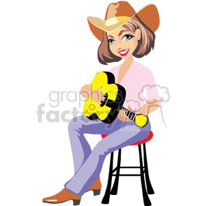 A Cowgirl Wearing a Leather Hat and Boots Sitting on a Stool Playing a Guitar