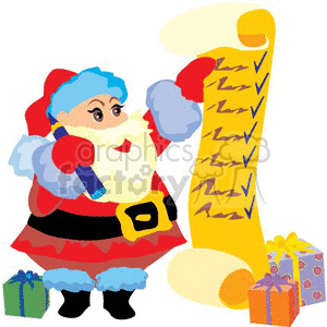 A cartoon of Santa Claus holding a long scroll of names, with several wrapped gifts beside him.