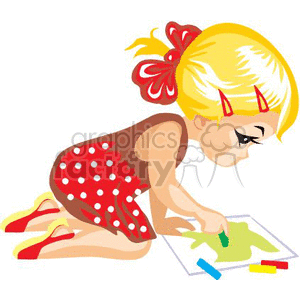 A little girl coloring on the floor in a red and white polka dotted dress