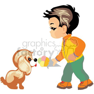 A preschool boy feeding a puppy with an ice cream cone in a cute and funny clipart image.