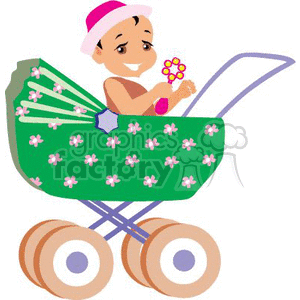 A smiling baby sitting in a green floral-patterned stroller, wearing a pink hat and holding a toy flower.