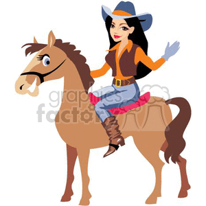 A Cowgirl Waiving Sitting on her Brown Horse