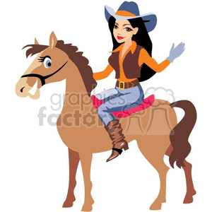 A Cowgirl Waiving Sitting on her Brown Horse 