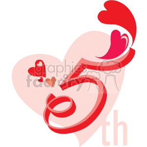 This clipart image features a stylized number 5 with the suffix th to represent a 5th anniversary or birthday. There are heart shapes incorporated into the design, with a larger heart in the background, suggesting themes of love and affection associated with romantic or significant anniversaries.