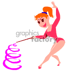 The clipart image depicts a cartoon of a female rhythmic gymnast in a pink leotard performing with a ribbon. The gymnast has her hair secured in a bun and is in a dynamic pose, suggesting movement, with the ribbon creating spiral patterns.