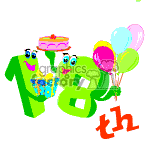   The clipart image shows a whimsical, animated representation of the number 18 with faces, arms, and legs, celebrating an 18th birthday. The number 1 holds a gift while the number 8 holds a cake with a candle on top. There are also colorful balloons tied together, floating to the right side of the numbers. The th attached to the 18 indicates it