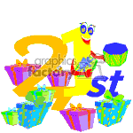The image is a colorful clipart depicting the number 21st in a bold and stylized font. There is a cartoon character integrated with the number '2', which has eyes and is holding a cupcake. Surrounding the number are various gift boxes with vibrant wrapping paper and ribbons.