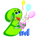   The image is a piece of clipart depicting a number 2 with a face, arms, and legs, celebrating a birthday. The number is holding a slice of birthday cake on a plate in one hand and three balloons (pink, yellow, and blue) in the other. Below the number 2 is the word nd, suggesting it