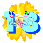 The clipart image displays the number 18 with each digit having a smiling face and arms, suggesting a personification of the numbers. The digit 1 is blue, and 8 is green, both are toasting with what appears to be yellow party horns against a background of a large yellow flower with multiple petals, which may symbolize joy and celebration. This image is likely meant to represent an 18th birthday celebration.