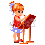 The clipart image depicts a young animated girl with blonde hair tied up in a ponytail. She is wearing a red sleeveless top, a blue skirt with flower patterns, and red shoes. The girl is engaged in writing or drawing on a piece of paper placed on a stand, like a music stand or a drawing board.