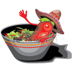 A cute chili pepper character wearing a sombrero, relaxing in a bowl of salad. The image is colorful and themed around Cinco de Mayo with Mexican elements.