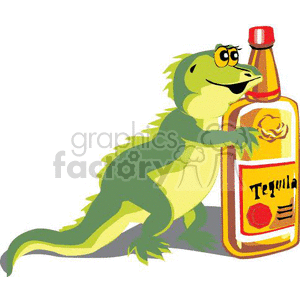 funny green cartoon iguana with tequila