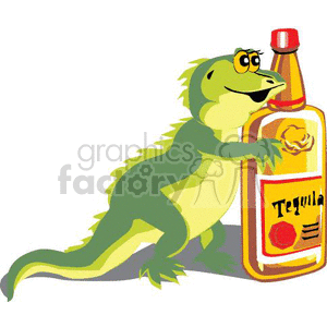 A humorous clipart image of a green iguana hugging a bottle of tequila, themed for Cinco de Mayo.