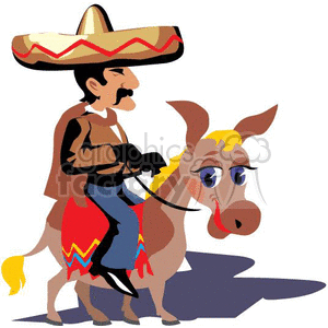 A cartoon-style illustration of a man with a mustache wearing a sombrero, riding a donkey. The man is dressed as a cowboy, and the donkey is adorned with a colorful saddle.