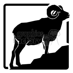 The image shows a black silhouette of a ram standing on what appears to be the edge of a mountain or a rock cliff. It's a simple, stylized representation, suitable for vinyl cutting or graphic design purposes labelled as vinyl ready.