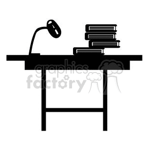 A silhouette clipart image of a desk with a lamp and stacks of books.