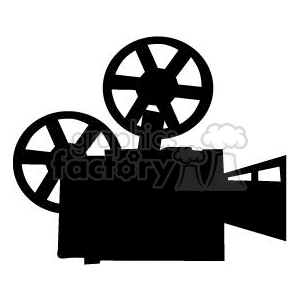 A black and white clipart image of an old-fashioned film projector, featuring two reels and a lens.