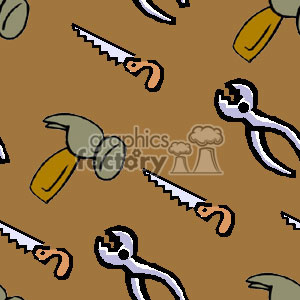 Clipart image featuring a seamless pattern of hand tools including hammers, saws, and pliers on a brown background.
