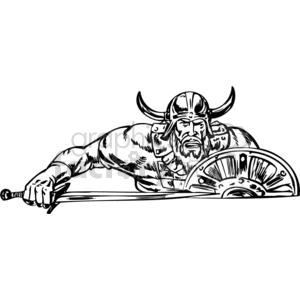 Black and white clipart image of a Viking warrior holding a sword and shield. The Viking is wearing a horned helmet and armor.