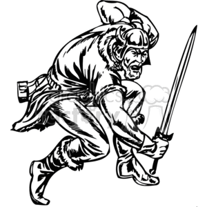 Black and white clipart of a medieval warrior wielding a sword and wearing a horned helmet.