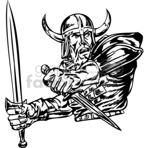 Clipart image of a Viking warrior in battle armor, holding a sword and a dagger in a dynamic fighting stance.