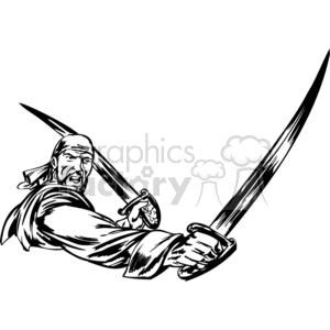 A black and white clipart illustration of a pirate wielding two swords, wearing a bandana, in a dynamic and aggressive pose.