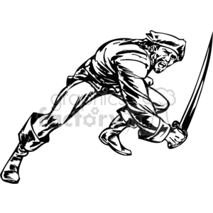 A vinyl-ready black and white clipart image of a fierce pirate in action, wielding a sword.