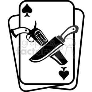 A Black and White Spade Card with a Picture of a Gun and a Knife on it