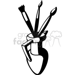 Black and white clipart image of paint brushes in a jug.