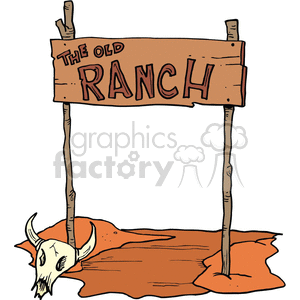 The clipart image shows a silhouette of an old western ranch gate with a skull design. The gate is set against a desert background and is surrounded by other cowboy-themed graphics such as cowboys, boots, and hats.
