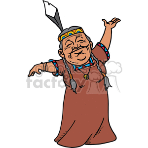 A clipart image of an elder person with gray braided hair, adorned in traditional attire. The person is smiling with arms outstretched, wearing a headband with a feather, and a necklace.