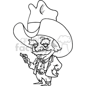 Clipart image of a cartoon cowboy character with a large hat and mustache, holding a gun.