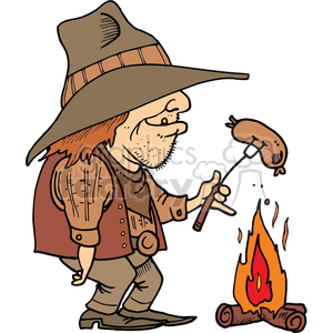 Cartoon Prospector Cooking Sausage Over Campfire