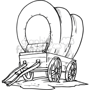Black and white clipart image of a covered wagon with large wheels and a domed canvas covering, typically associated with the American West.