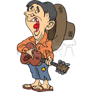 A cartoon depiction of a musician singing passionately while playing an acoustic guitar. The character is drawn in a humorous style, wearing an orange shirt, blue shorts with a patch, and sandals. Notably, he has an exaggerated facial expression with his mouth wide open.