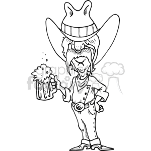 A black and white cartoon drawing of a cowboy with a large hat holding a frothy mug of beer.