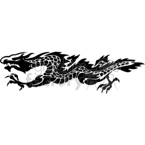 This clipart image features a stylized black and white design of a dragon. It has a streamlined and graphic appearance, suitable for vinyl cutting, tattoos, or signage applications. The design accentuates the mythical creature's ferocity with sharp edges and contrasting patterns.
