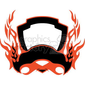 A stylized black and orange clipart image of a motorcycle helmet surrounded by flame designs.