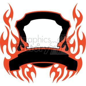 A clipart image with a black and orange flame-bordered frame, featuring a faceless mask shape at the top and a blank ribbon banner at the bottom. The flames surround the frame, giving it a fiery design.