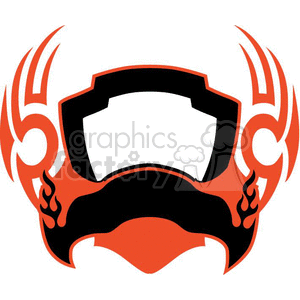 Illustration of a stylized mask with tribal patterns and a flame motif, colored in black and orange.