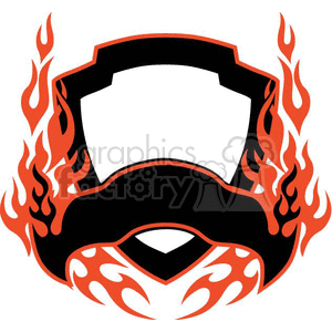 A flaming motorcycle club emblem featuring a mustache with flames around a blank shield in the background.