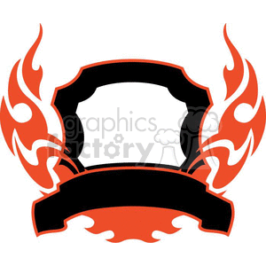 A decorative clipart image featuring a black shield with a blank center, surrounded by red flames on either side, and a blank ribbon banner below.
