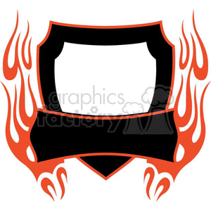 A vector clipart image of a black shield with red flames surrounding it. The shield has a blank white space in the center and a black banner across the middle.